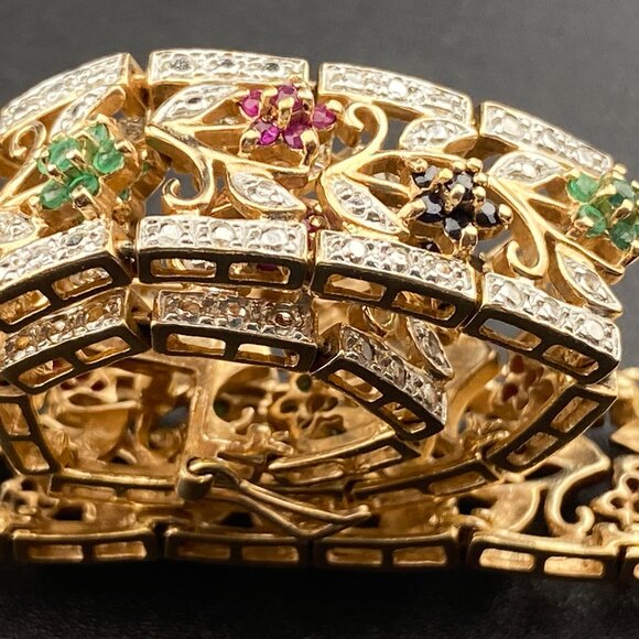 Wheeler Manuf. Sterling Silver Gold Vermeil Ruby Emerald Sapphire 7" Bracelet - Picture 16 of 16